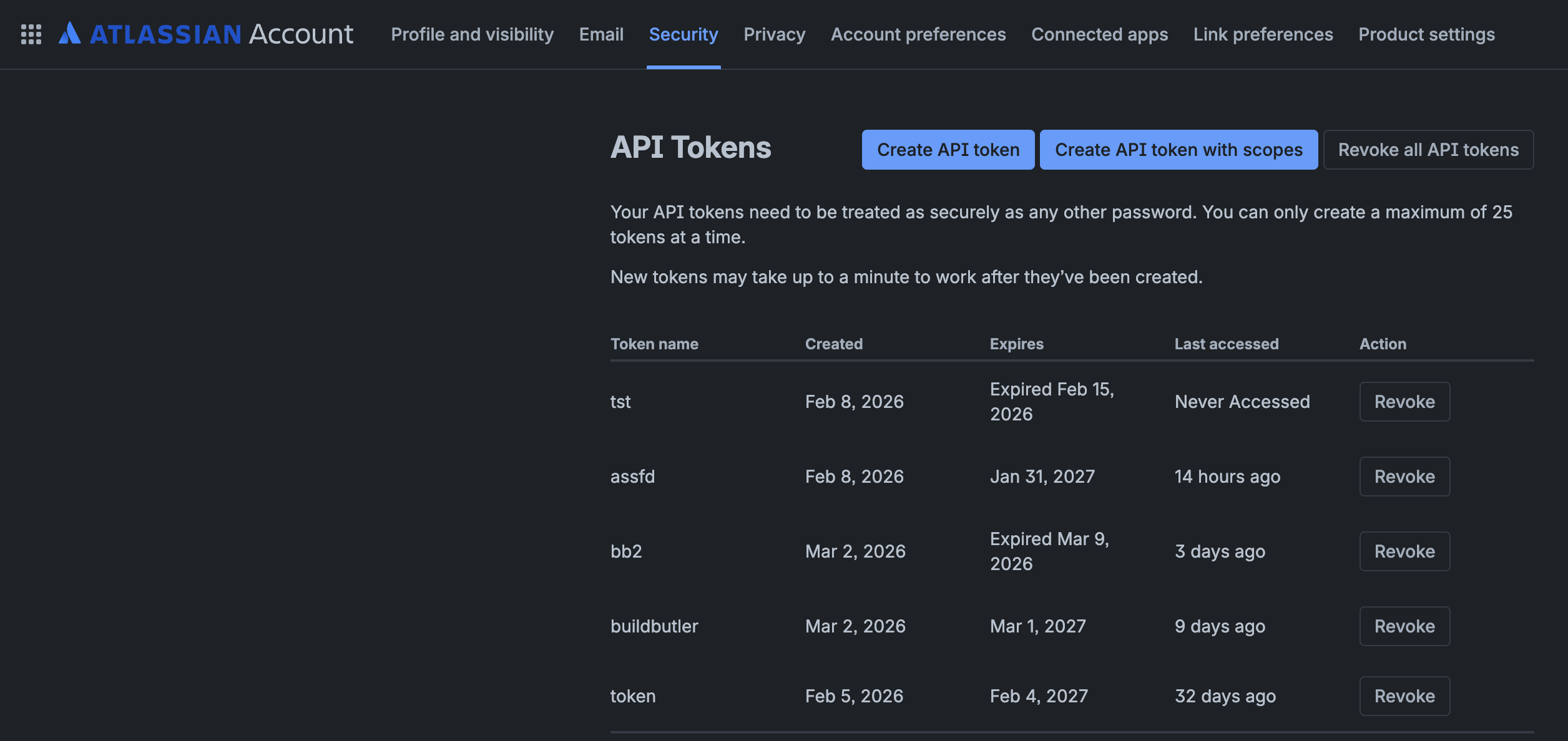 Atlassian API Tokens page